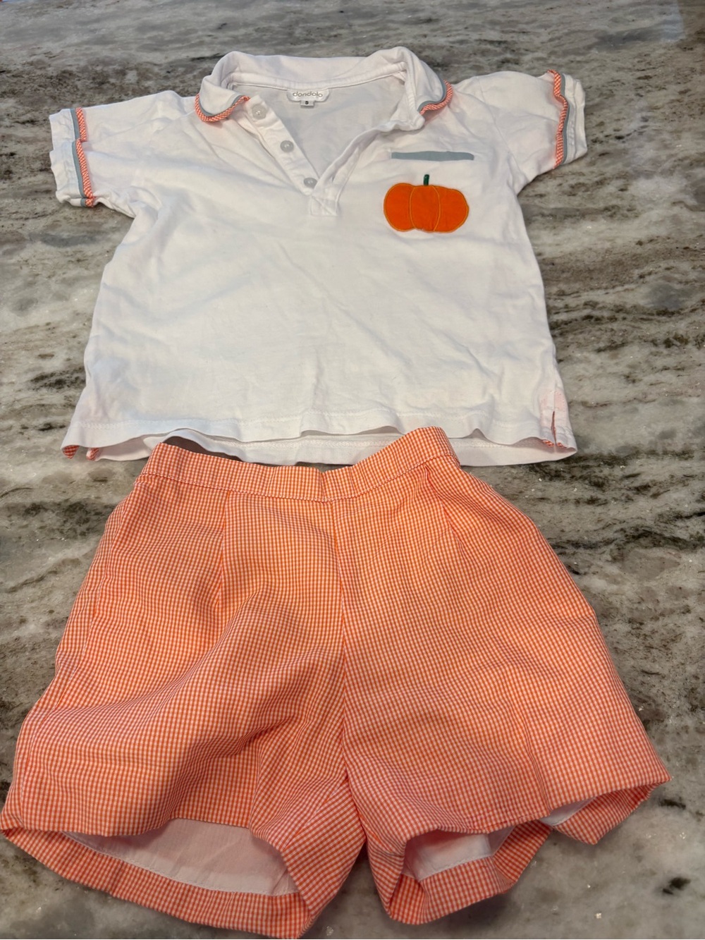 Boys White Polo Top with Orange Pumpkin Accent and Orange Gingham Shorts Set